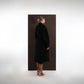 ALISADUDAJ black wool belted wrap coat, back view showing full-length silhouette and dropped shoulders