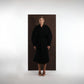 ALISADUDAJ black wool belted wrap coat, front view, full length, showing shawl collar and tie belt