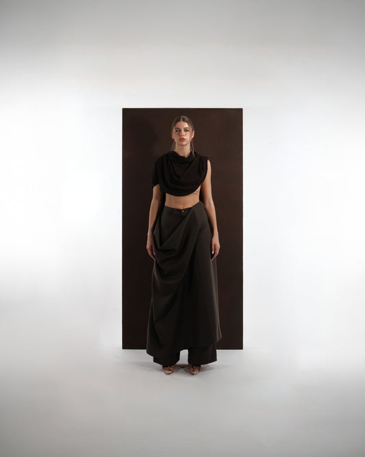 ALISADUDAJ black wool draped cowl top and draped trouser set, front view showing cropped cowl drape and waist panel