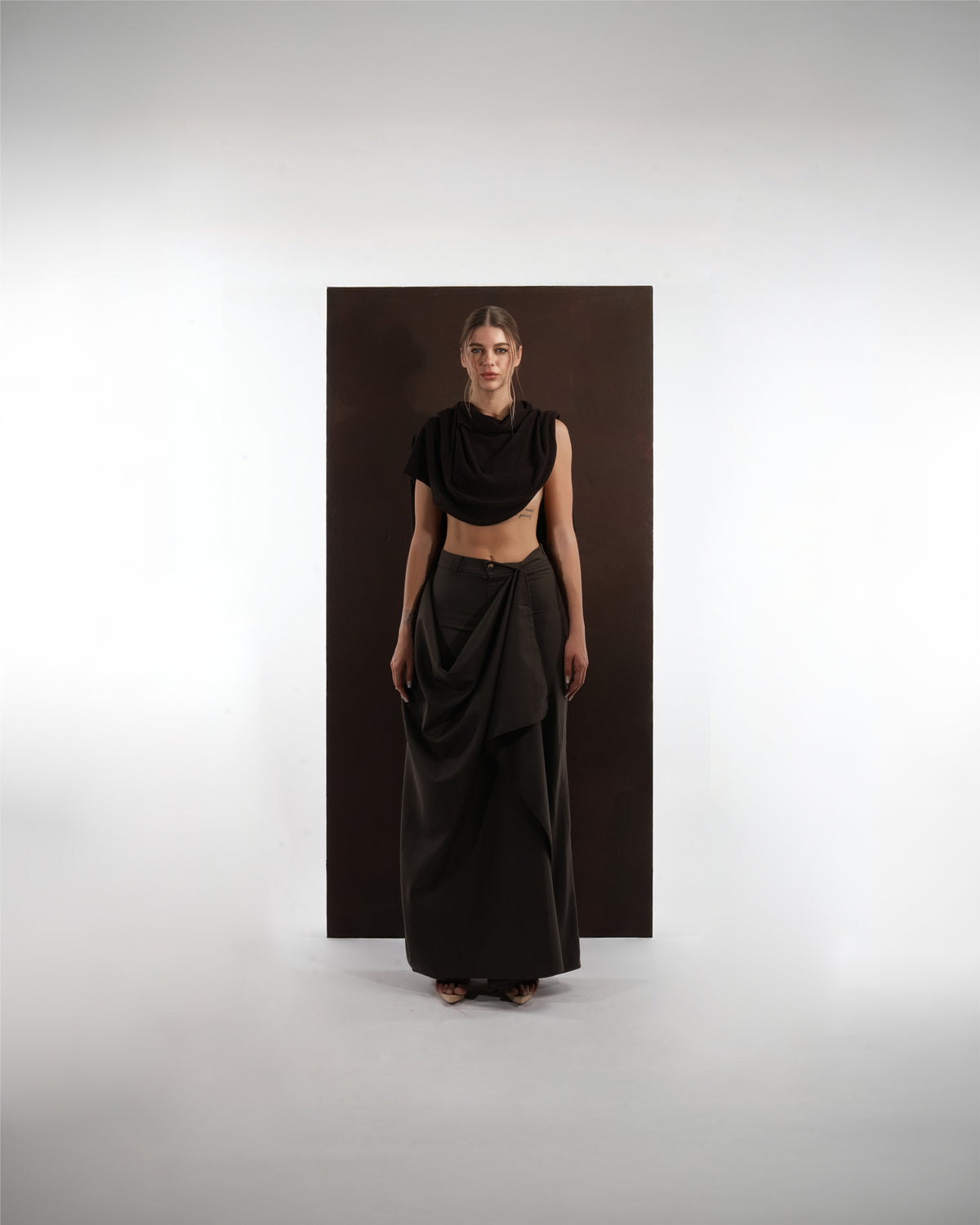 ALISADUDAJ black wool draped cowl top and wide-leg draped trouser set, front view, full length