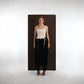 ALISADUDAJ black wool draped harem trousers, front view, full length, styled with an ivory felted corset top