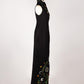 ALISADUDAJ black wool hand-embroidered wrap dress, side view showing wildflower embroidery along the side hem