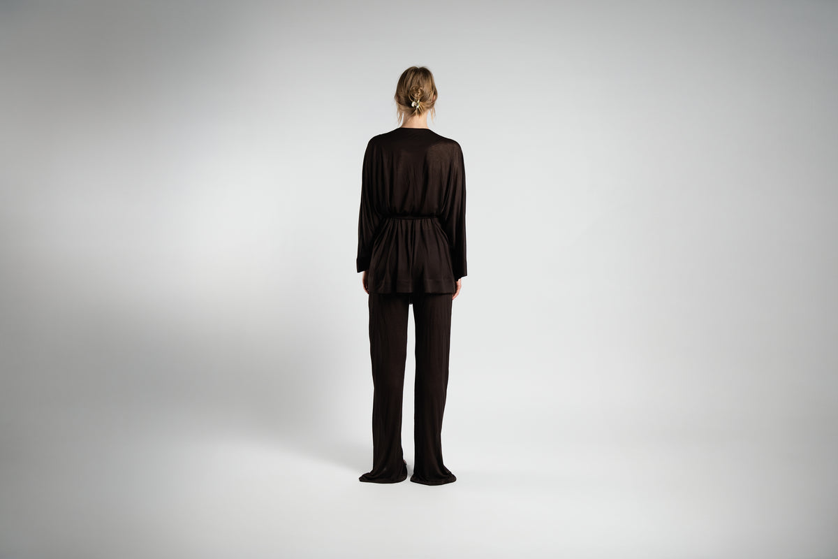ALISADUDAJ brown sheer cotton kimono top and wide-leg trouser set, back view showing gathered waist