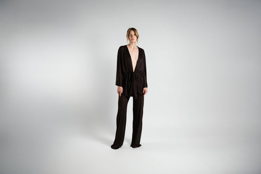 ALISADUDAJ brown sheer cotton kimono top and wide-leg trouser set, front view showing deep V and waist tie