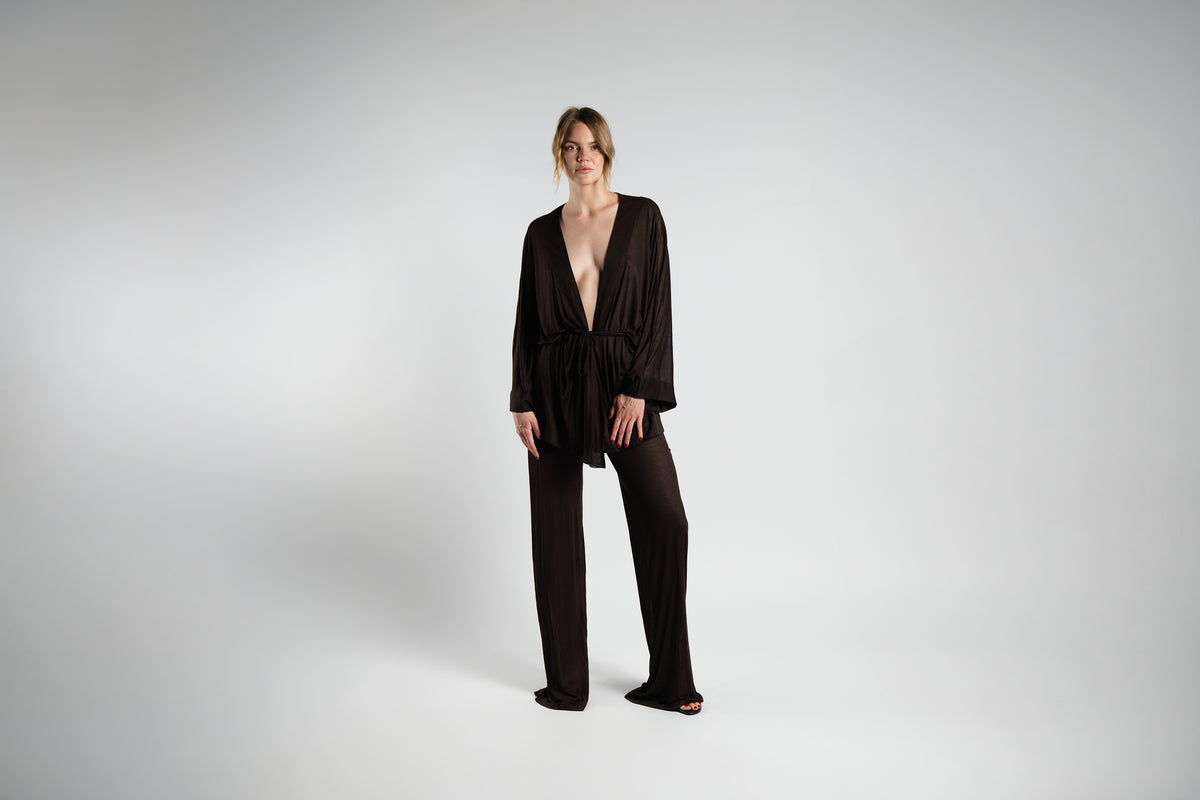 ALISADUDAJ brown sheer cotton kimono top and wide-leg trouser set, front view, full length