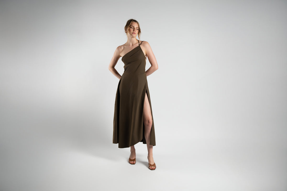 ALISADUDAJ brown cotton-twill one-shoulder midi dress, front view, full length, showing high leg slit