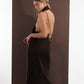 ALISADUDAJ brown wool garden-embroidered wrap dress, back view showing open back and halter neck