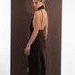 ALISADUDAJ brown wool garden-embroidered wrap dress, back three-quarter view showing beaded strap down the spine