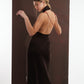 ALISADUDAJ brown wool garden-embroidered wrap dress, back view with arm raised showing beaded strap