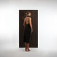 ALISADUDAJ brown wool garden-embroidered wrap dress, back view showing open back and beaded halter strap