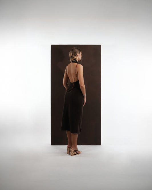 ALISADUDAJ brown wool garden-embroidered wrap dress, back view showing open back and beaded halter strap