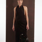 ALISADUDAJ brown wool garden-embroidered wrap dress, front view showing halter collar and wrapped skirt