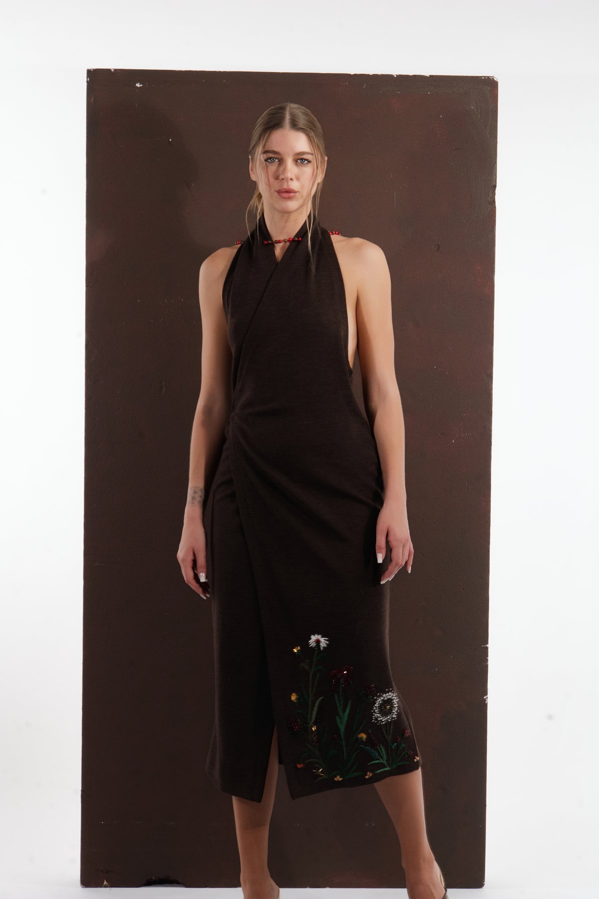 ALISADUDAJ brown wool garden-embroidered wrap dress, front view showing halter collar and wrapped skirt