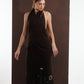 ALISADUDAJ brown wool garden-embroidered wrap dress, front view showing wrap closure and embroidered wildflowers at the hem