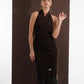 ALISADUDAJ brown wool garden-embroidered wrap dress, front view with hand raised showing halter neckline