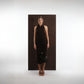 ALISADUDAJ dark brown wool halterneck wrap dress with garden embroidery, front view, full length