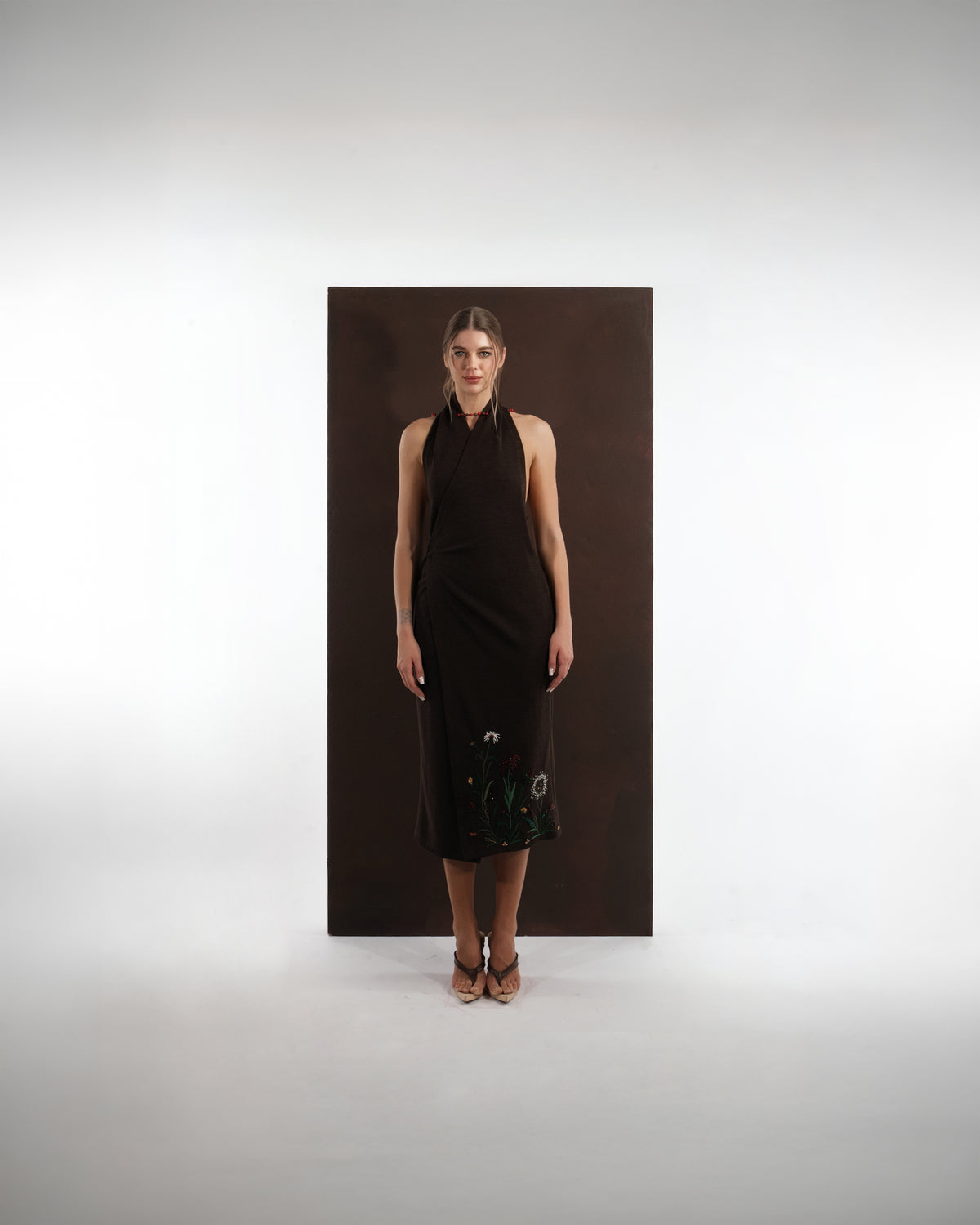 ALISADUDAJ dark brown wool halterneck wrap dress with garden embroidery, front view, full length