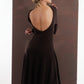 ALISADUDAJ brown wool open-back maxi dress, back view looking over shoulder showing open back