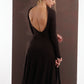 ALISADUDAJ brown wool open-back maxi dress, back view showing scooped open back and flared asymmetric hem