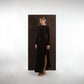 ALISADUDAJ brown wool open-back maxi dress, front three-quarter view showing high neckline and leg slit