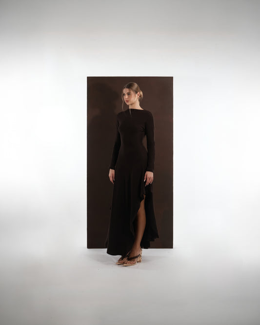 ALISADUDAJ brown wool open-back maxi dress, front three-quarter view showing high neckline and leg slit