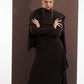 ALISADUDAJ brown wool open-back maxi dress, front view with shawl, arms crossed, looking down