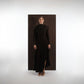 ALISADUDAJ brown wool open-back maxi dress, front view styled with draped wool shawl at the shoulders