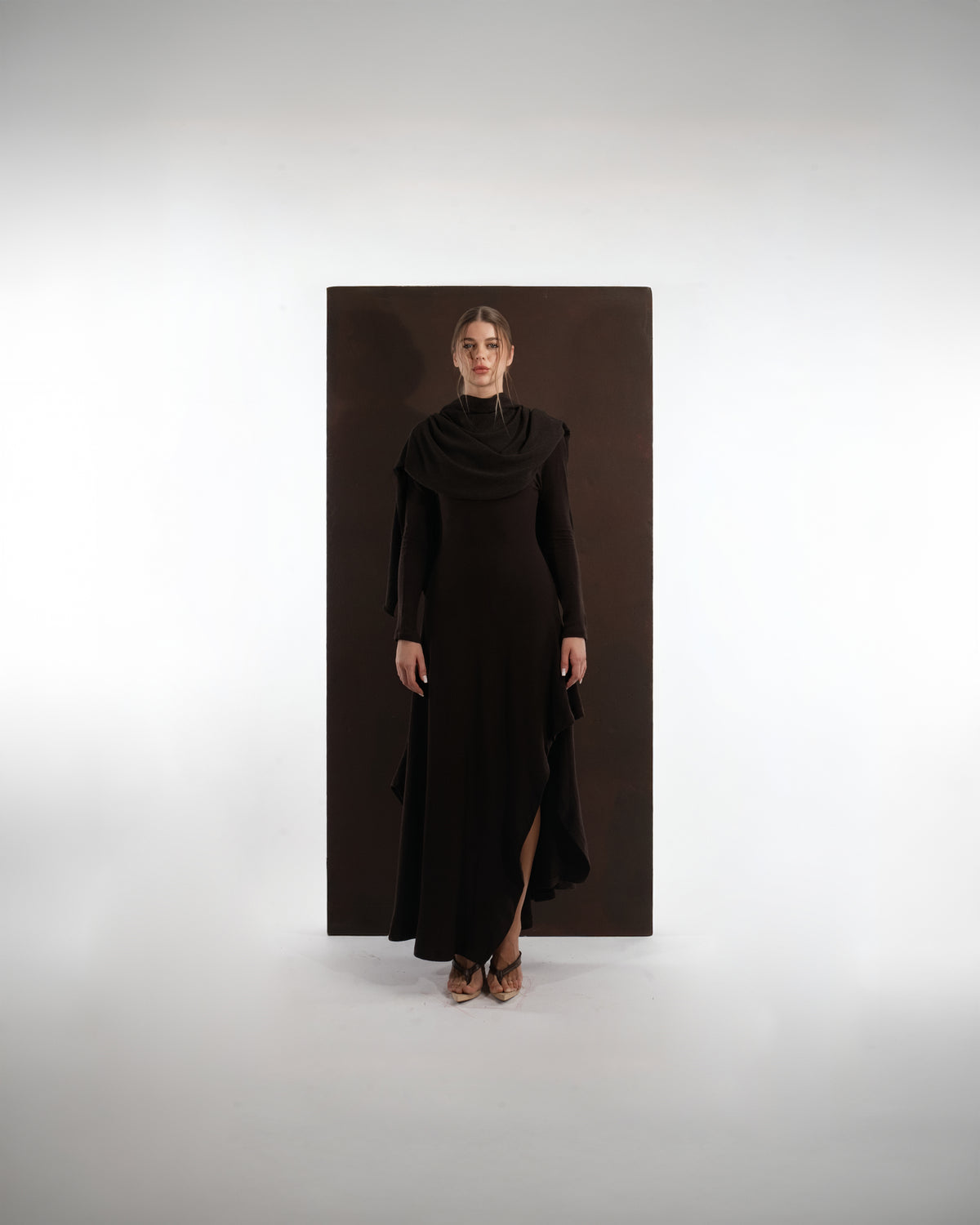 ALISADUDAJ brown wool open-back maxi dress, front view styled with draped wool shawl at the shoulders