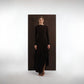 ALISADUDAJ brown wool open-back maxi dress, front view, full length, showing long sleeves and asymmetric slit hem