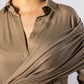 ALISADUDAJ CRAFT 02 brown cupro draped shirt dress, close-up of shirt collar, horn buttons and draped sash