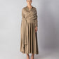 ALISADUDAJ CRAFT 02 brown cupro draped shirt dress, front view, full length, showing button collar, wrapped sash and gathered midi skirt