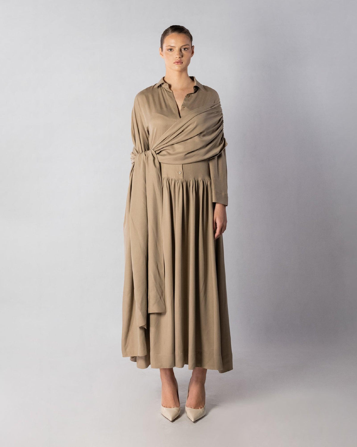 ALISADUDAJ CRAFT 02 brown cupro draped shirt dress, front view, full length, showing button collar, wrapped sash and gathered midi skirt