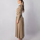 ALISADUDAJ CRAFT 02 brown cupro draped shirt dress, side profile showing ruched sleeve drape and drop-waist skirt