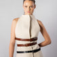 ALISADUDAJ CRAFT 03 white wool belted mini dress, front half-length view showing high funnel neck and stacked belts