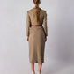ALISADUDAJ CRAFT 04 brown wool draped wrap jacket and midi skirt set, back view showing cropped jacket, belt and back slit, wool