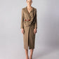 ALISADUDAJ CRAFT 04 brown wool draped wrap jacket and midi skirt set, front view, full length, with tan croc-effect belt
