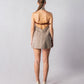 ALISADUDAJ CRAFT 06 grey faux-suede halter mini dress, back view showing open back with tan leather belt strap, faux suede