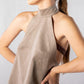 ALISADUDAJ CRAFT 06 grey faux-suede halter mini dress, close-up of funnel collar and open side