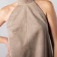 ALISADUDAJ CRAFT 06 grey faux-suede halter mini dress, close-up of centre seam topstitching and suede texture