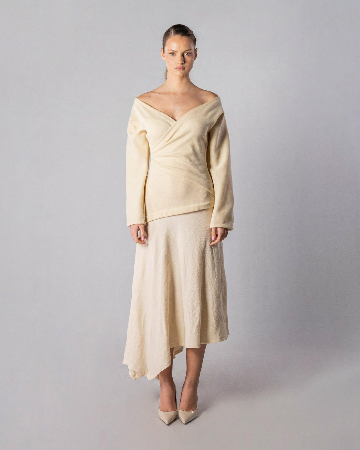 ALISADUDAJ CRAFT 08 off-white wool off-shoulder wrap top and asymmetric midi skirt set, front view, full length