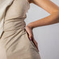 ALISADUDAJ CRAFT 09 off-white layered dress, close-up of faux-suede slip bodice, thin strap and ruched waist