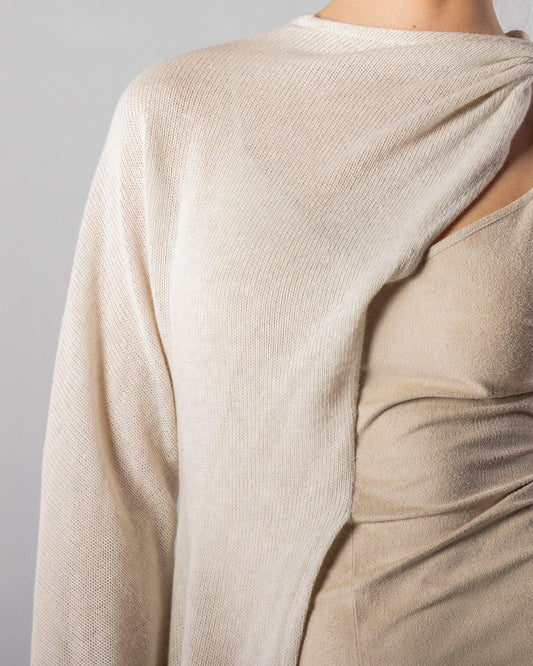 ALISADUDAJ CRAFT 09 off-white layered dress, close-up of draped knit overlay across the shoulder and suede bodice