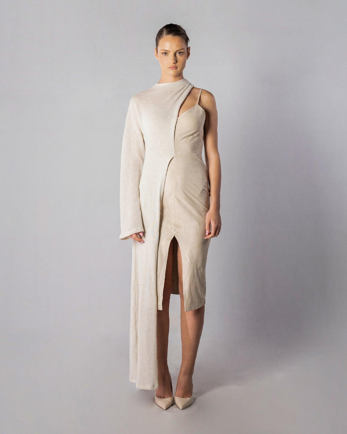 ALISADUDAJ CRAFT 09 off-white wool and faux-suede layered slip dress with draped knit overlay, front view, full length