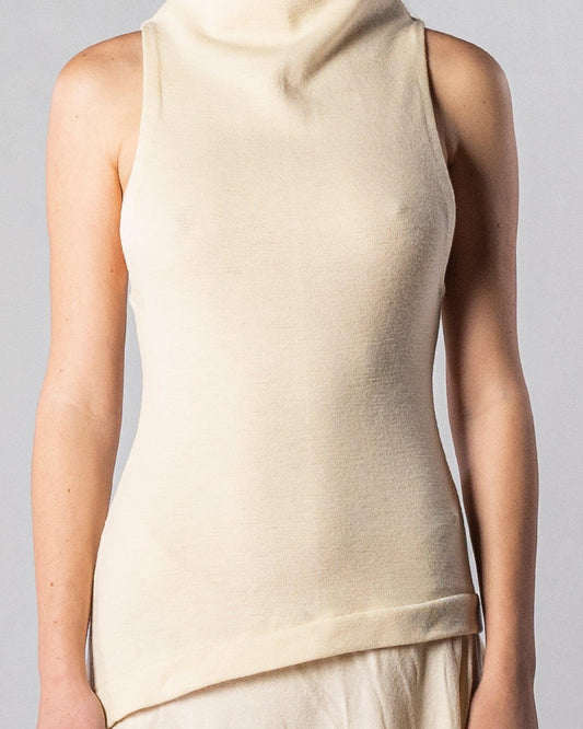 ALISADUDAJ CRAFT 10 off-white wool funnel-neck top, front close-up showing draped collar and angled hem