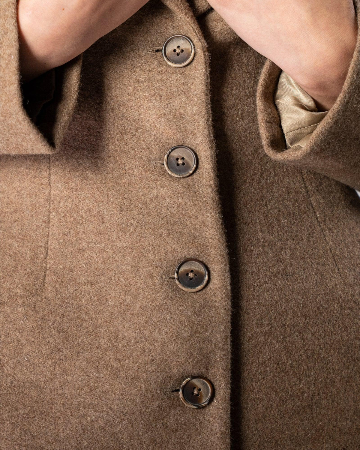 ALISADUDAJ CRAFT 11 brown wool longline coat, close-up of button placket and brushed wool