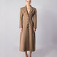 ALISADUDAJ CRAFT 11 brown wool tailored longline coat, front view, full length, showing notch lapels and button front