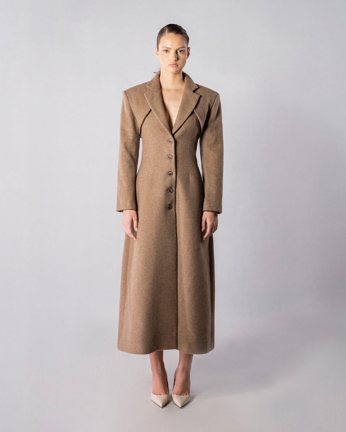 ALISADUDAJ CRAFT 11 brown wool tailored longline coat, front view, full length, showing notch lapels and button front