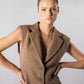 ALISADUDAJ CRAFT 11 brown wool sleeveless coat dress, front close-up of notch lapels and buttons