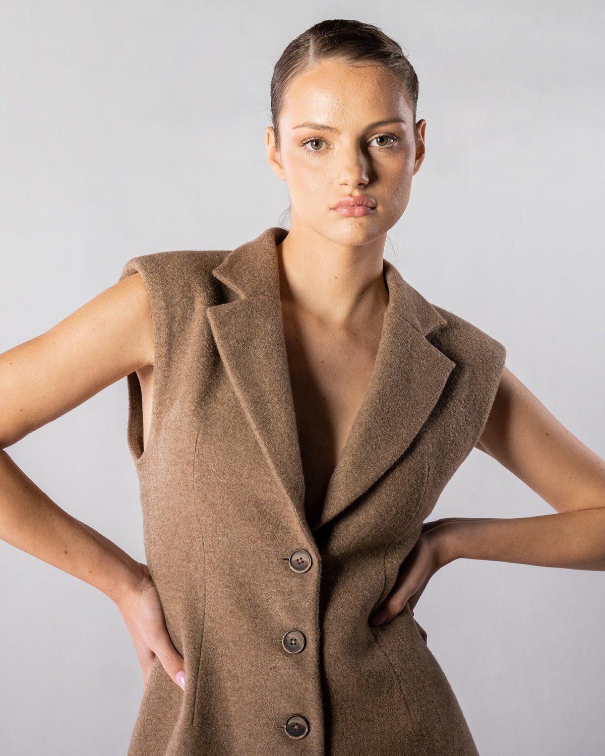 ALISADUDAJ CRAFT 11 brown wool sleeveless coat dress, front close-up of notch lapels and buttons