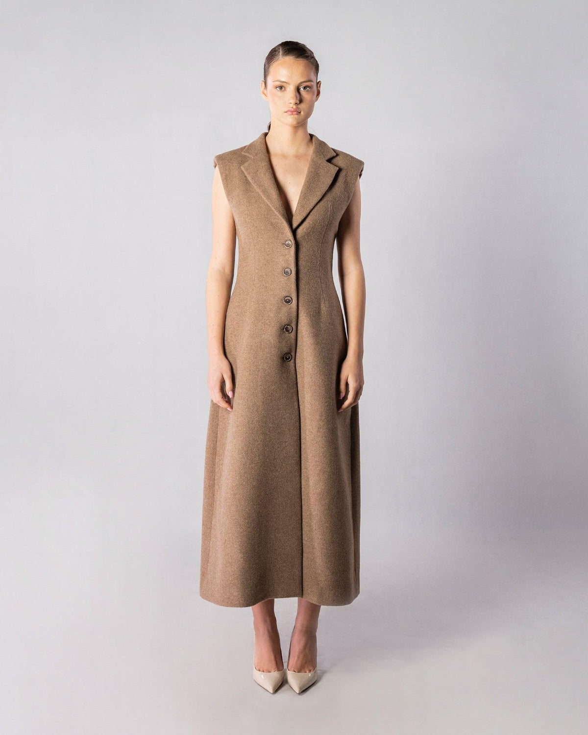 ALISADUDAJ CRAFT 11 brown wool sleeveless longline coat dress, front view, full length